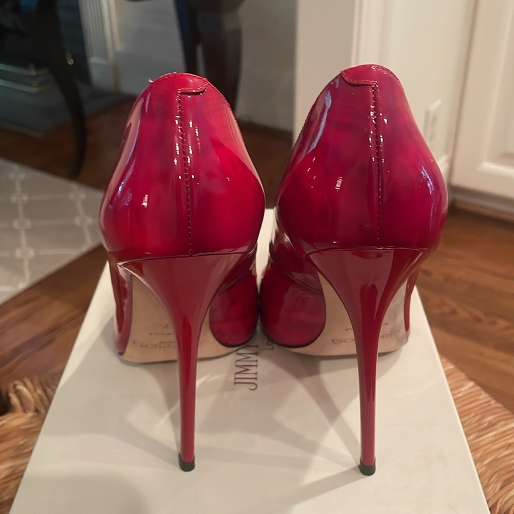 Jimmy Choo Red Patent Leather Pointed Toe Stiletto Pumps - Picture 5 of 8